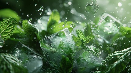 Mint leaves and ice cubes sit on a surface under the rain, with water droplets enhancing the freshness of the scene