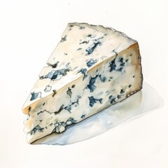 Hand-painted watercolor of a slice of rich blue cheese, on a white background
