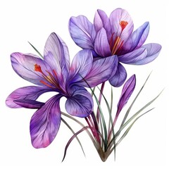 Exotic saffron crocus flowers, watercolor, professional on white background