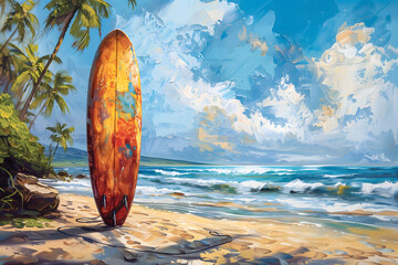 Oil painting of a lone surfboard standing upright on a tropical beach - obrazy, fototapety, plakaty