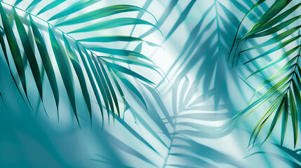 Summer on the beach with palm tree in the blue sky and clouds. with copy space. Minimal concept. pastel tones. Blurry background,Palm branch and shadows on light background, toned in turquoise. 