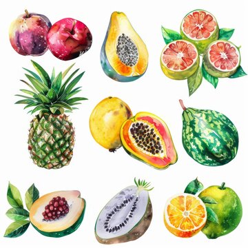 Exotic fruits watercolor clipart collection, professionally rendered, against a white background