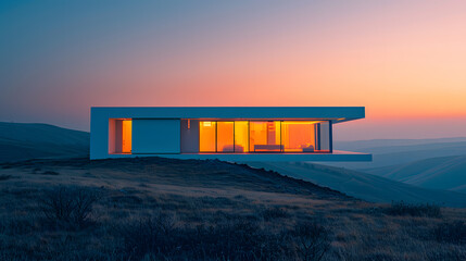 A minimalist house, with sleek lines as the background, during sunset