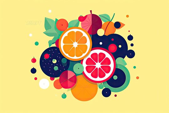 Minimalist graphic design of big fruit blast, bright colors, flat style