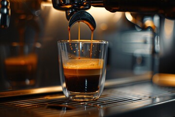 a espresso machine pouring a liquid into a glass - obrazy, fototapety, plakaty