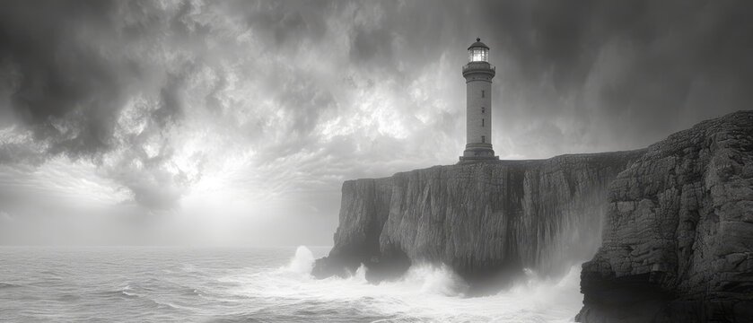 a black and white photo of a lighthouse on the edge of a cliff with waves crashing in front of it.