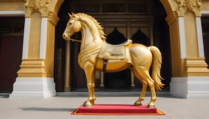 Fototapeta na wymiar A-Golden-Horse-Standing-At-The-Entrance-Of-A-Grand- 2