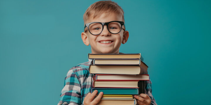 A young boy wearing oversized glasses, attempting to balance a stack of books taller than himself, with a mischievous grin on teal color background professional photography realistic stock photography