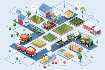 Supply chain of farm products from field to table illustrateds with blockchain links connecting each step