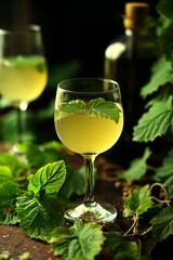 An exquisite glass of birch sap wine cocktail adorned with fresh mint leaves, exuding natural elegance.