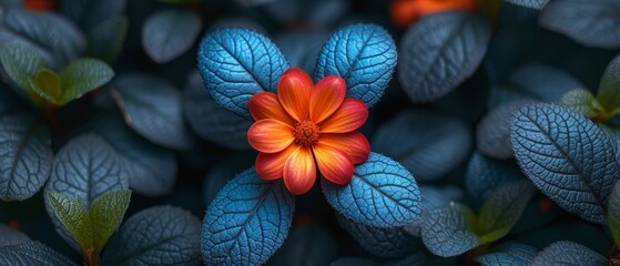 Obraz premium a close up of a flower surrounded by leafy green and red plants with blue leaves in the foreground.