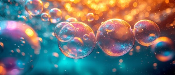 a group of soap bubbles floating on top of a blue and yellow background with a lot of bubbles floating on top of it. - obrazy, fototapety, plakaty