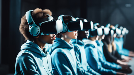 Multicultural schoolchildren using virtual reality headsets. School children wearing VR virtual reality headsets in a classroom. Education and technology
