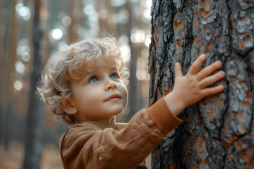 A cute little boy touching a tree in a forest, enjoying nature and exploring the outdoors - obrazy, fototapety, plakaty