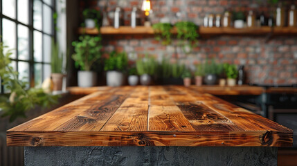 Wood table top on blurred kitchen background. can be used mock up for montage products display or design layout.
