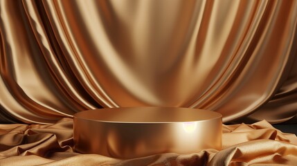 Shiny gold podium and luxurious satin fabric drapery. Premium products, this design offers a rich, textured golden background that exudes elegance and high-end appeal.