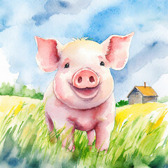 Namalowana uśmiechnięta świnka prosiak ilustracja - obrazy, fototapety, plakaty