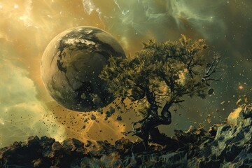 A conceptual piece showing a planets evolution from barren to teeming with life illustrating cosmic growth and potential