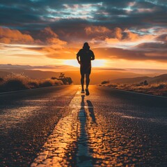 A runner at sunrise on an open road depicting personal growth through perseverance and endurance