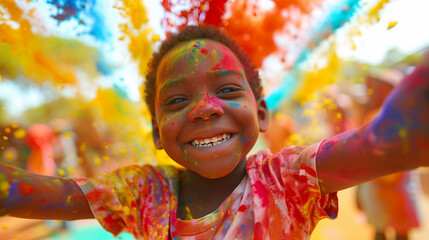 Cheerful boy at the festival of colors Holi