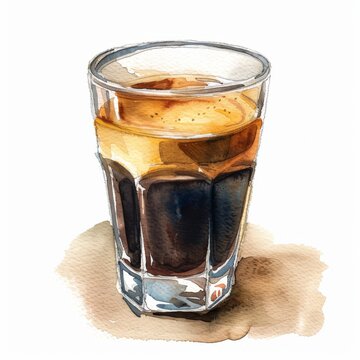 Watercolor clipart of a rich espresso shot, dark and intense, on a white background