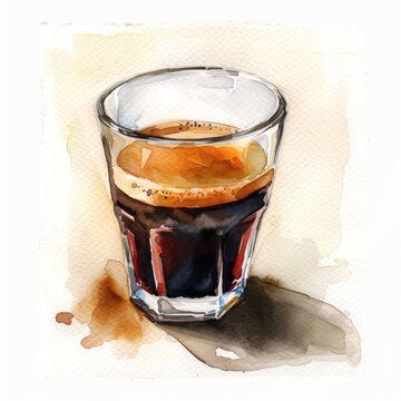 Watercolor clipart of a rich espresso shot, dark and intense, on a white background