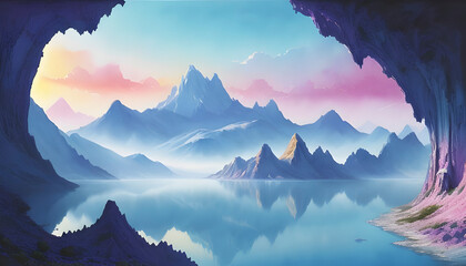 watercolor painting of a colorful mountain and lake scenery.