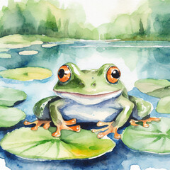 Namalowana żaba w stawie ilustracja - obrazy, fototapety, plakaty