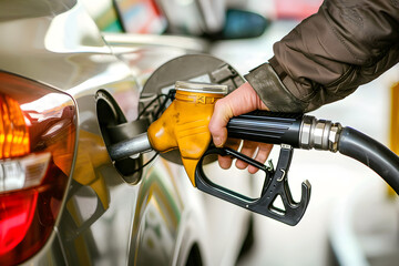 Close up of hand holding a fuel nozzle to add gasoline to the car at gas station. - obrazy, fototapety, plakaty