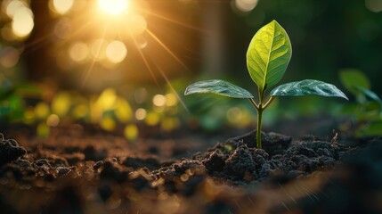 A young plant sprouting from the soil under sunlight, symbolizing new life and growth in nature. The background is blurred to emphasize the green leaf of the seedling against the warm light rays. - obrazy, fototapety, plakaty