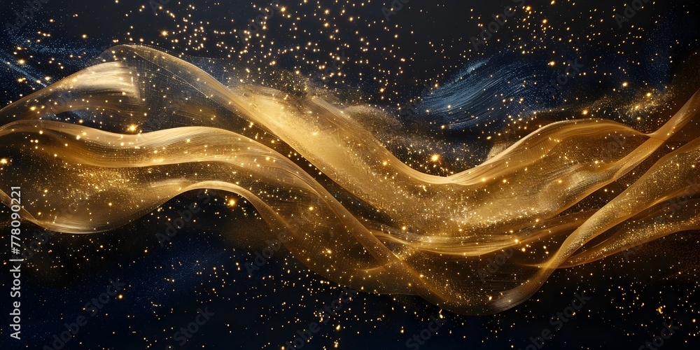 Poster Glimmering golden waves of sparkling light against a dark cosmic backdrop creating a mesmerizing and enchanting atmosphere of celestial wonder and