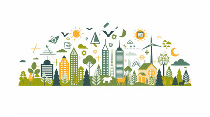 Ecology icons set environmental protection, smart cities, sustainable industry and agriculture, animal welfare and renewable energy concept.