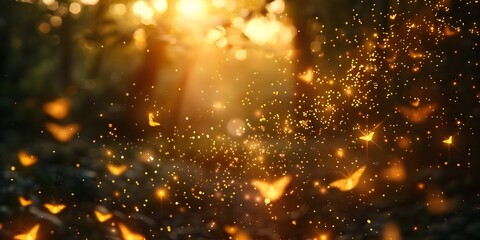 Fototapeta na wymiar Golden Fireflies Dancing in Twilight Frame of Radiant Sparkles and Shimmering Light