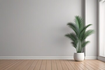 A serene indoor setting with a lush green plant in a white pot, minimalist soft natural light with white wall background. generative ai