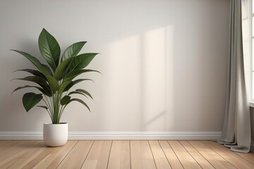 Fototapeta na wymiar A serene indoor setting with a lush green plant in a white pot, minimalist soft natural light with white wall background. generative ai