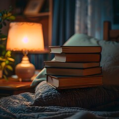 Quiet Night time Companions Stacked Books on Bedside Table with Cozy Lamp Illuminating Peaceful Bedroom Scene