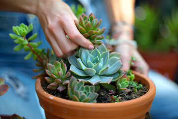 Woman planting succulent plant into new pot. - Powered by Adobe