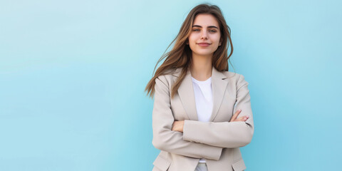Image of happy young business woman posing isolated over on sky blue background professional photography realistic stock photography.