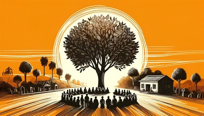 Sketchy illustration for national panchayati raj day with a silhouette of group of people under a large tree. - obrazy, fototapety, plakaty