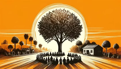 Deurstickers Sketchy illustration for national panchayati raj day with a silhouette of group of people under a large tree. © Milano