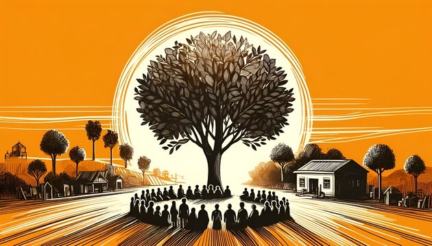Sketchy illustration for national panchayati raj day with a silhouette of group of people under a large tree.