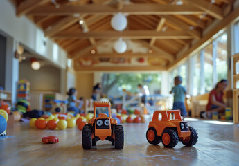 Little kids playing in a stylish nursery, blurred background, toys in front