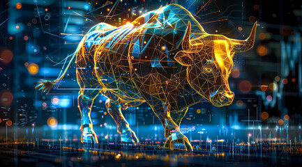 An angry bull is depicted engaging in trading activities with a computer. The concept revolves around the bull market in both traditional stock markets and the cryptocurrency. Generative AI.