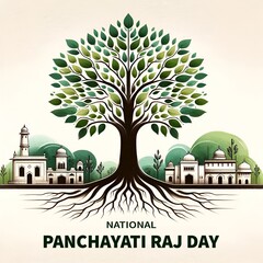 Watercolor illustration of stylized tree for panchayati raj day. - obrazy, fototapety, plakaty
