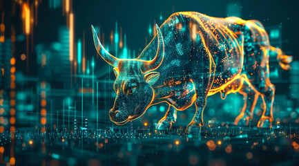 An angry bull is depicted engaging in trading activities with a computer. The concept revolves around the bull market in both traditional stock markets and the cryptocurrency. Generative AI.