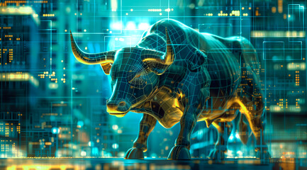 An angry bull is depicted engaging in trading activities with a computer. The concept revolves around the bull market in both traditional stock markets and the cryptocurrency. Generative AI.
