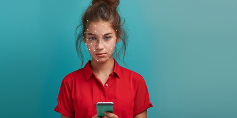 Portrait of concentrated schoolgirl in red shirt holding smartphone with immersive facial recognition interface standing over teal background. Concept of biometric scanning professional photography