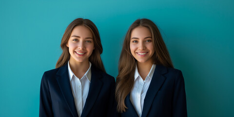 Portrait of smiling business twins woman on teal color background professional photography realistic stock photography. - obrazy, fototapety, plakaty