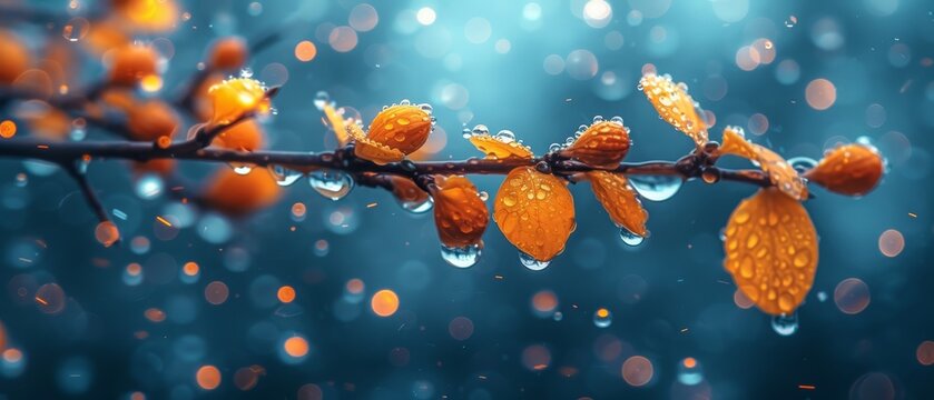 a branch with drops of water on it and a blurry background of leaves and drops of water on it.