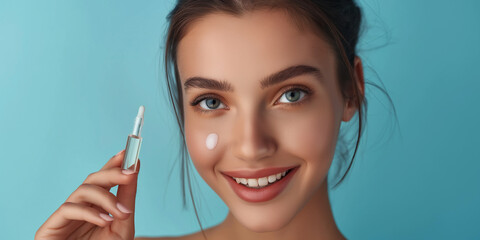 Skin care concept. Beauty portrait of smiling young woman girl holding pipette with cosmetic oil or serum near clean face. Cosmetology and Spa on teal color background professional photography